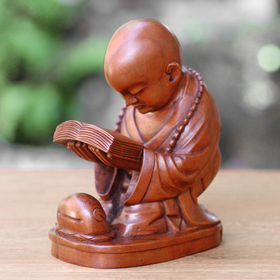 Wood statuette, 'Reading Buddha'  - Artisan Crafted Mahogany Wood Sculpture