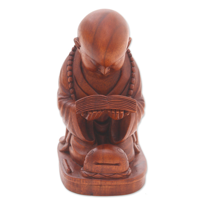 Wood statuette, 'Reading Buddha'  - Artisan Crafted Mahogany Wood Sculpture