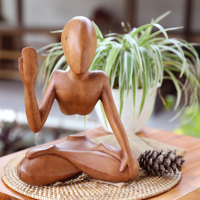 Wood statuette, 'Meditating Man' - Suar Wood Sculpture