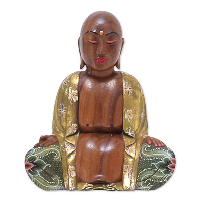 Wood statuette, 'Wise Buddha' - Handmade Suar Wood Sculpture