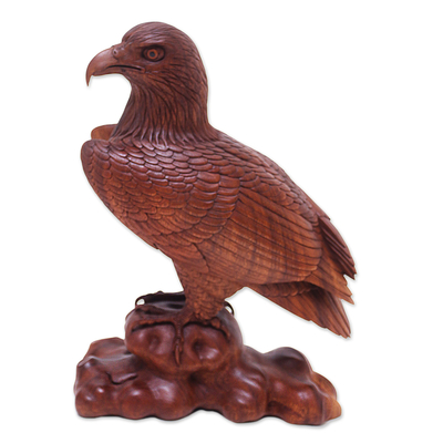 Wood sculpture, 'Powerful Eagle' - Wood Bird Sculpture