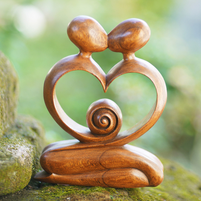 Wood sculpture, 'Love of My Life' - Hand Carved Romantic Wood Sculpture