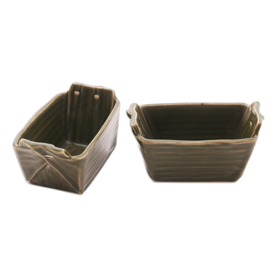 Stoneware ceramic bowls, 'Folded Bananas' (pair) - Green Stoneware Ceramic Bowls (Pair)