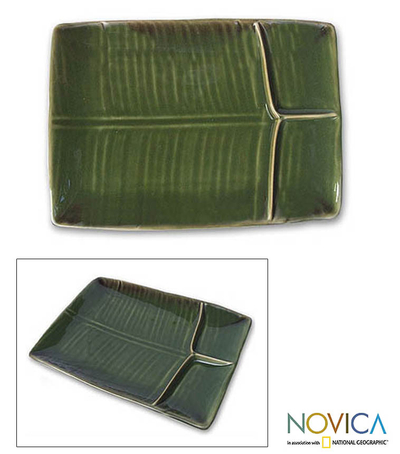 Stoneware ceramic serving platter, 'Square Leaf' - Stoneware Ceramic Serving Platter