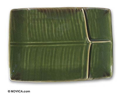 Stoneware ceramic serving platter, 'Square Leaf' - Stoneware Ceramic Serving Platter