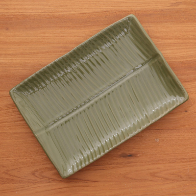 Stoneware ceramic platter, 'Square Banana Leaf' - Indonesian Stoneware Ceramic Platter