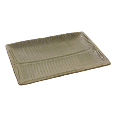 Stoneware ceramic platter, 'Square Banana Leaf' - Indonesian Stoneware Ceramic Platter