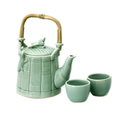 Ceramic tea set, 'Cricket and Gecko in Green' (set for 2) - Ceramic tea set (Set for 2)