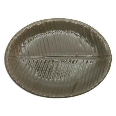Stoneware ceramic serving platter, 'Oval Banana Leaf' - Fair Trade Stoneware Ceramic Serving Platter