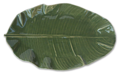 Stoneware serving platter, 'Banana Leaf' - Green Stoneware Ceramic Serving Platter