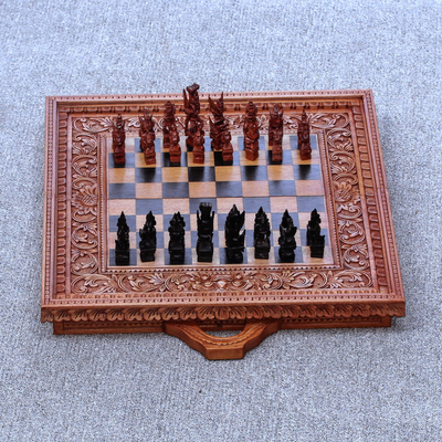 Wood chess set, 'Gods of War' - Wood chess set
