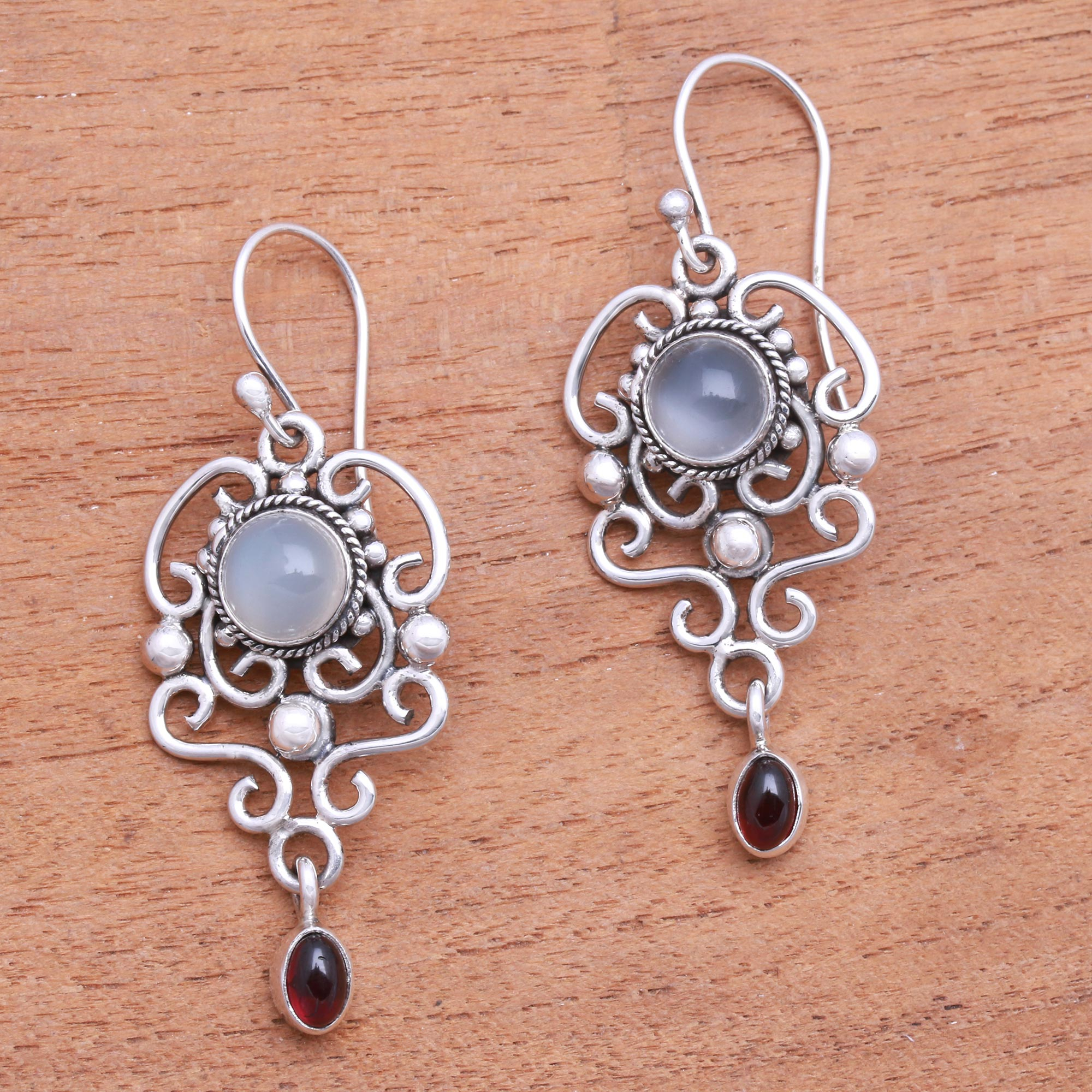 Moonstone and garnet dangle earrings - Spirit Chandelier | NOVICA