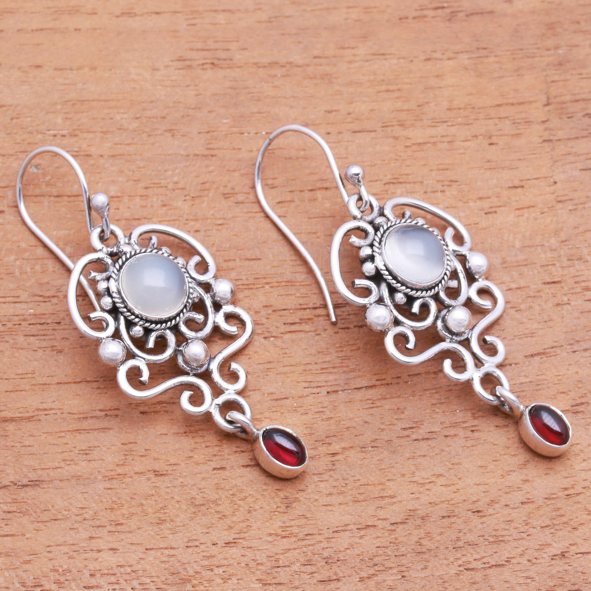 Moonstone and garnet dangle earrings - Spirit Chandelier | NOVICA