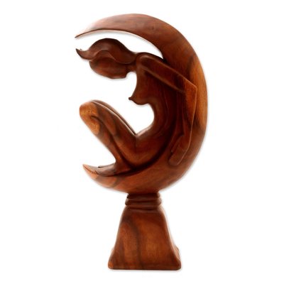 Wood statuette, 'The Moon Goddess II' - Suar Wood Statuette