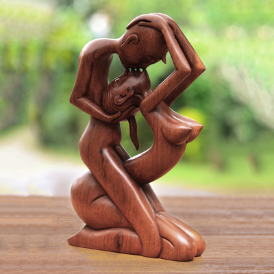 Wood statuette, 'Upside-down Kissing' - Romantic Wood Sculpture