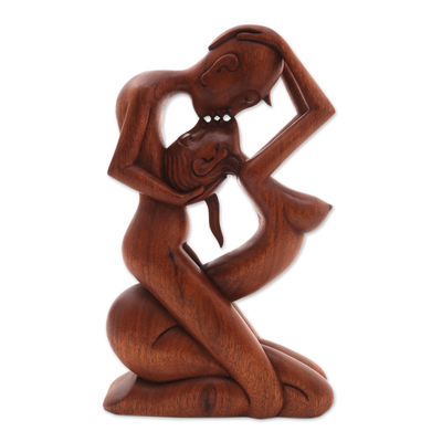 Wood statuette, 'Upside-down Kissing' - Romantic Wood Sculpture