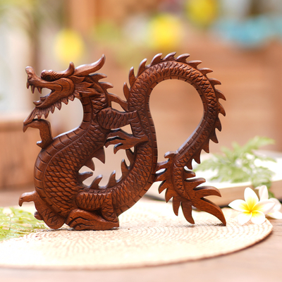 Wood wall panel, 'Fiery Dragon' - Handcrafted Wood Relief Panel