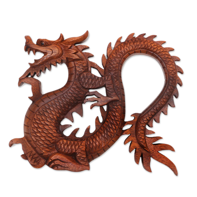 Wood wall panel, 'Fiery Dragon' - Handcrafted Wood Relief Panel