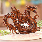 Artisan Crafted Wood Relief Panel, 'Winged Dragon Figure'
