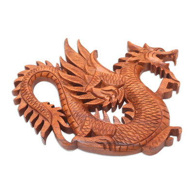 Wood relief panel, 'Winged Dragon Figure' - Artisan Crafted Wood Relief Panel