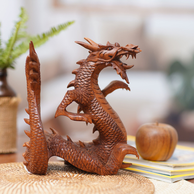 Wood sculpture, 'Legendary Dragon' - Suar Wood Carving from Indonesia