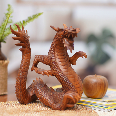 Wood sculpture, 'Legendary Dragon' - Suar Wood Carving from Indonesia
