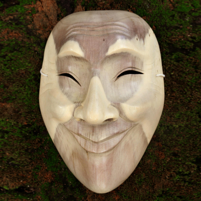 Wood mask, 'Smile Up' - Modern Wood Mask from Indonesia
