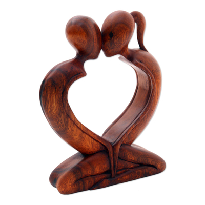Wood statuette, 'Kiss Me Quick!' - Handcrafted Indonesian Romantic Wood Sculpture