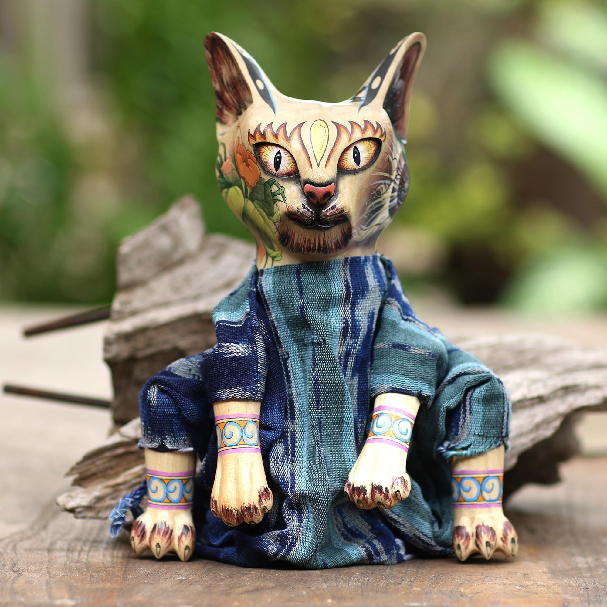 Wood and Cotton Decorative Display Doll Mystery Cat NOVICA