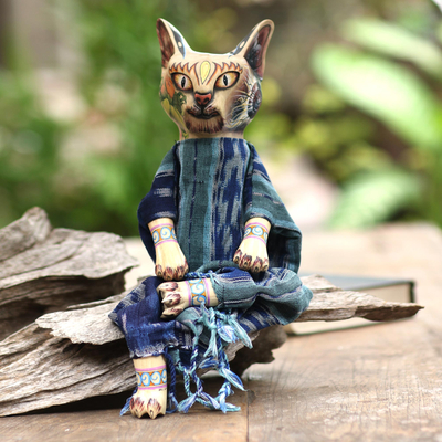 Muñeca de exhibición de madera, 'Gato Misterioso' - Muñeca de exhibición decorativa de madera y algodón
