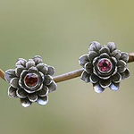 Floral Sterling Silver Garnet Earrings, 'Red-Eyed Lotus'