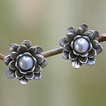 Floral Pearl and Sterling Silver Button Earrings, 'White-Eyed Lotus'
