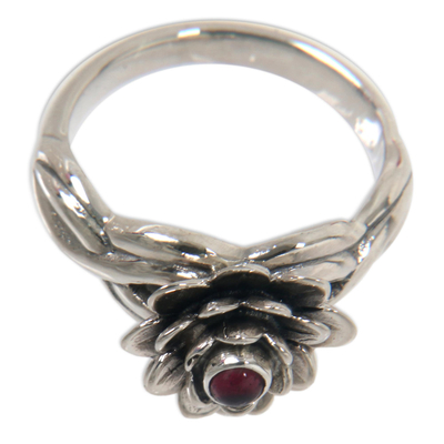 Garnet cocktail ring, 'Red-Eyed Lotus' - Handcrafted Floral Sterling Silver and Garnet Ring