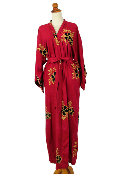 Women's batik robe, 'Hibiscus Red' - Hand Made Batik Robe from Indonesia