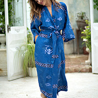 Women's batik robe, 'Deep Blue Sea' - Hand Crafted Women's Batik Blue Patterned Robe