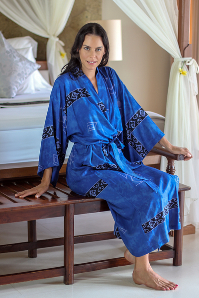 Women's batik robe, 'Deep Blue Sea' - Hand Crafted Women's Batik Blue Patterned Robe