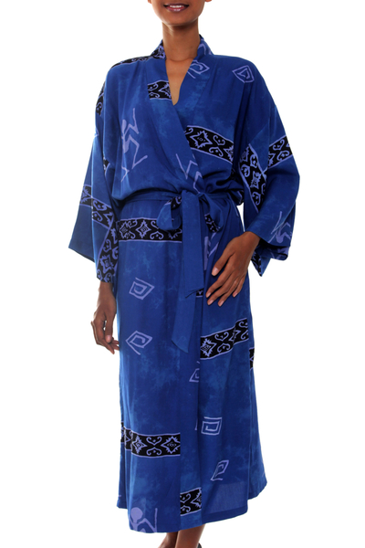 Batikmantel für Damen - Handgefertigter blau gemusterter Batik-Bademantel für Damen
