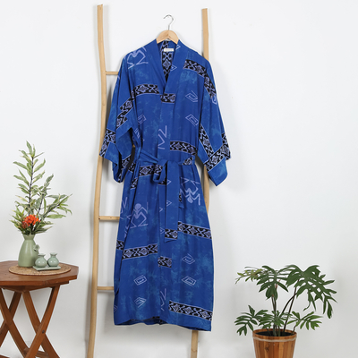 Batikmantel für Damen - Handgefertigter blau gemusterter Batik-Bademantel für Damen