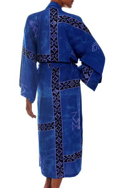 Women's batik robe, 'Deep Blue Sea' - Hand Crafted Women's Batik Blue Patterned Robe