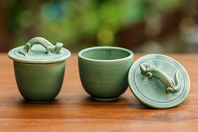 Ceramic condiment bowls, Lithe Gecko (pair)
