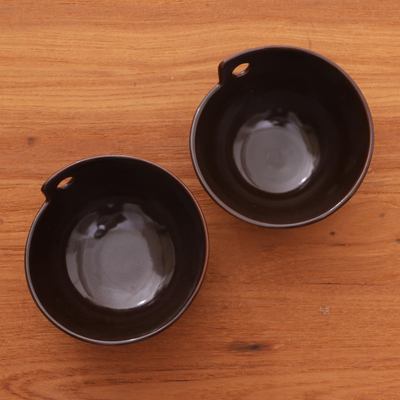 Ceramic bowls, 'Cones' (pair) - Ceramic Bowls with Chopstick Rests (Pair)