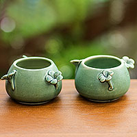 Cuencos de cerámica, 'Frangipani Flowers' (pareja) - Cuencos de cerámica Floral Verde (Pareja)