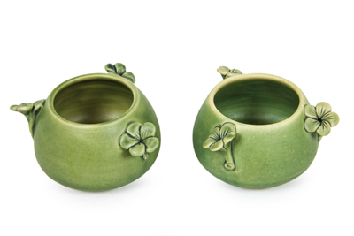 Ceramic bowls, 'Frangipani Flowers' (pair) - Green Floral Ceramic Bowls (Pair)