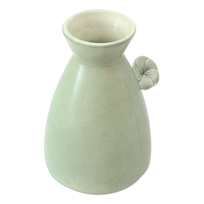 Ceramic vase, 'Beautiful Frangipani' - Handmade Green Ceramic Vase with Flower Trim