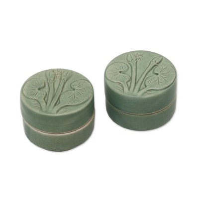 Ceramic condiment jars, 'Lotus and Dragonfly' (pair) - Dragonfly Theme Condiment Jars in Green Ceramic (Pair)