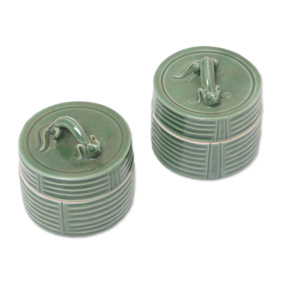 Ceramic condiment jars, 'Dancing Geckos' (pair) - Set of 2 Green Gecko Theme Ceramic Condiment Jars from Bali