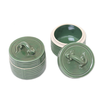 Ceramic condiment jars, 'Dancing Geckos' (pair) - Set of 2 Green Gecko Theme Ceramic Condiment Jars from Bali