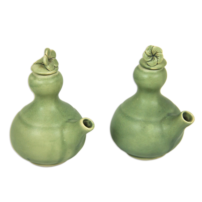 Ceramic oil and vinegar set, 'Happy Frangipani' (pair) - Ceramic Oil And Vinegar Set (Pair)