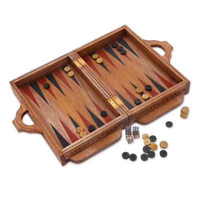 Wood travel backgammon set, 'Dolphin Guard' - Handcrafted Cempaka and Sono Wood Travel Backgammon Set