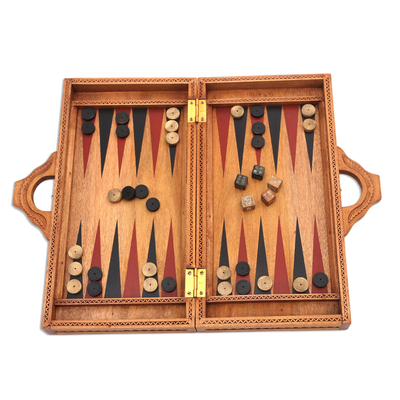 Wood backgammon set, 'Inner Secrets' - Folding Hand Carved Backgammon Set